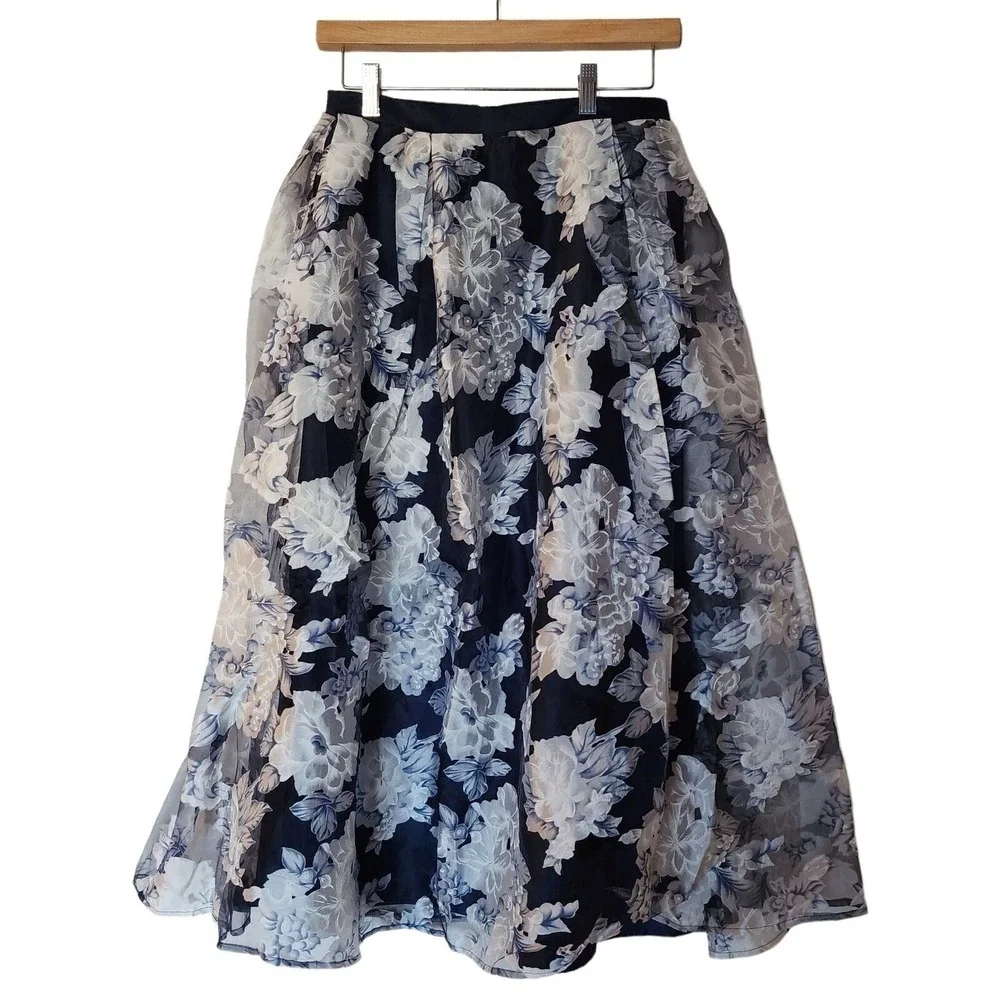 Nanette Lepore Girls Blue Floral Print Layered Satin Maxi Skirt Size XL 16 Years